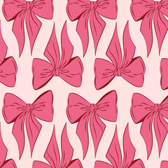 Seamless repeating pattern with hand drawn pink ribbon bows on soft pastel background. Cute romantic design for Valentine gift wrap, textiles, wallpapers, cards, packaging and feminine branding.