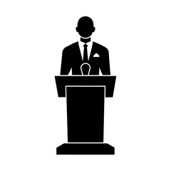 Minimalist professional speaker at podium icon for business presentation and conference