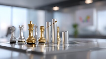 Business Strategy Concept with Chess Pieces and Increasing Graph in Modern Office Environment