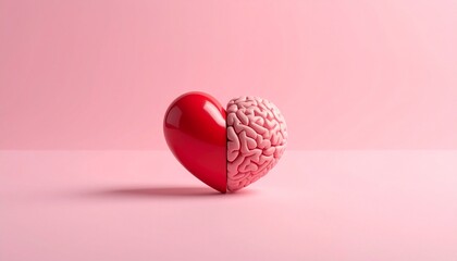 Love and Intellect: A heart and brain symbolizing the balance between love, and intellect, creativity and logic, resting on a pastel pink canvas.