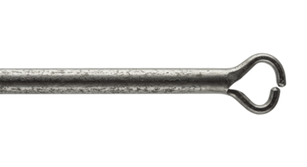 A textured galvanized steel bracing rod with hook bends, isolated on a transparent background under dramatic high-contrast studio light. Concept of industrial precision