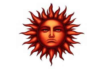 Mythological sun symbol with face expressing bad mood and discontent, radiating red and orange flames on transparent background