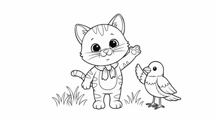 Cute cartoon kitten and bird waving hello. © bagong