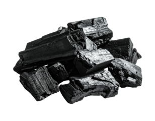 Black pile of coarse, fragmented natural mineral. Close-up, high contrast, monochrome