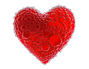 A vibrant, bubbly heart shape in red against a stark black backdrop