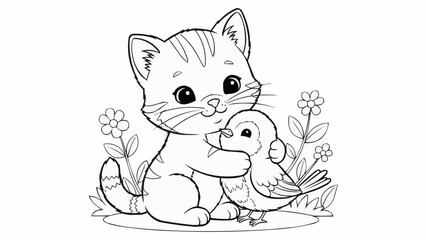 Obraz premium Cute cartoon cat hugging a little bird in a garden line art.