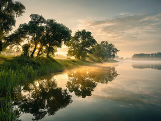 Serene Lakeside at Sunrise with Soft Mist and Reflection