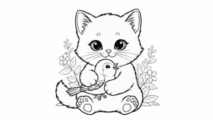 Obraz premium Cute cartoon kitten holding a small bird illustration for coloring.
