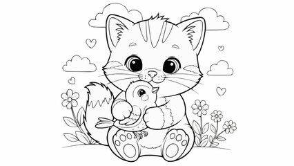 Obraz premium Cute cartoon kitten holding a small bird in its paws.