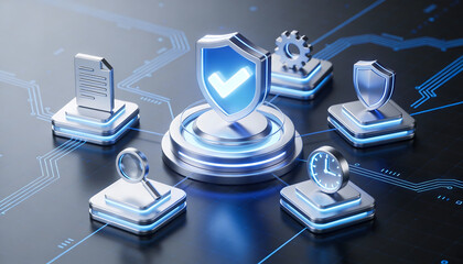 3d blue cyber security shield and checkmark icon on futuristic circuit background with magnifying glass clock gear and document symbols for data protection and network safety
