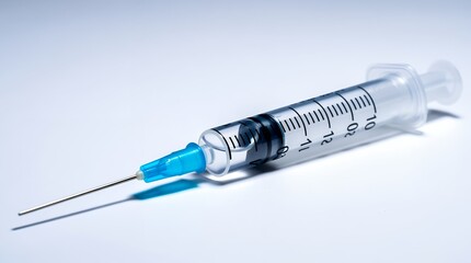 Close-up sterile hypodermic syringe with fine needle on white surface