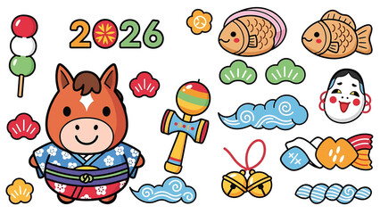 Obraz premium Illustration of a smiling horse in traditional attire surrounded by Japanese New Year elements and symbols for the year 2026