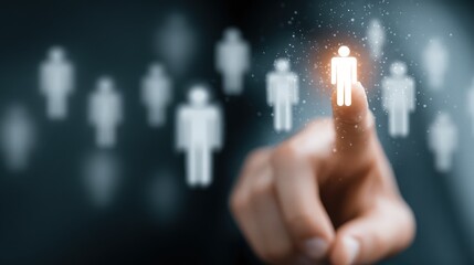 Business professional points at digital user icons on a screen during a meeting in an office setting