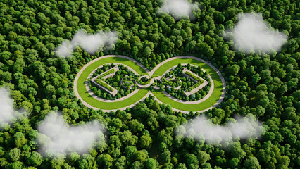 Eco-Friendly Community Design, Sustainable Housing, Forest Environment, Aerial View, Nature Concept