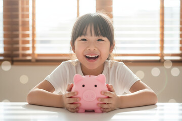 Happy little Asian girl smiling brightly while holding a pink piggy bank, teaching children about saving money.