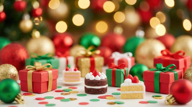 Festive christmas celebration with colorful gifts and sweet treats holiday decor tabletop arrangement warm atmosphere close-up view joyful holiday spirit - Powered by Adobe