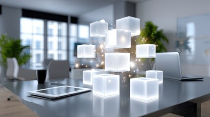 Modern Office Workspace with Glowing Abstract Cubes and Magical Effects Amidst a Bright and Inviting Environment