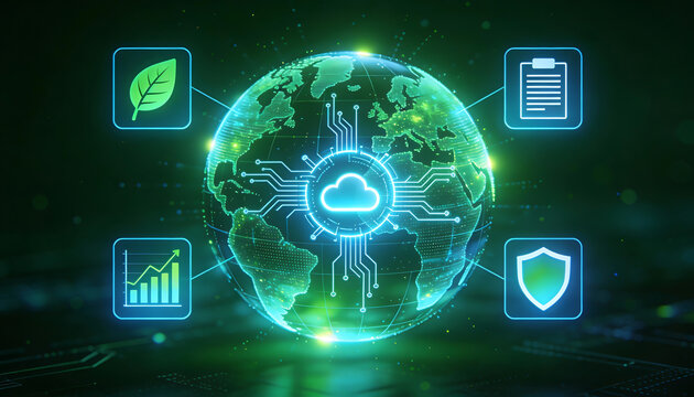 3d digital glowing green earth globe with cloud computing circuit and environment icons representing global sustainability technology green energy and eco friendly data network - Powered by Adobe