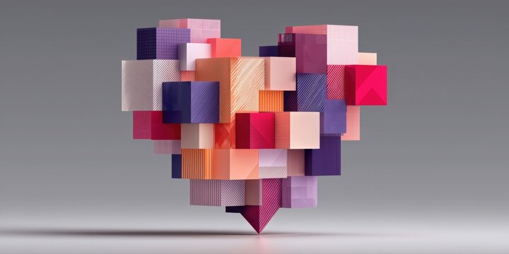 Colorful pixelated heart made of cubes on grey background for Valentine art.

