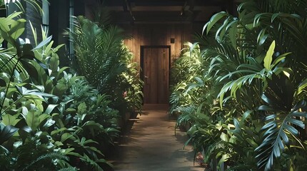 Lush green foliage creating an inviting path to a mysterious wooden door in a tranquil indoor garden setting