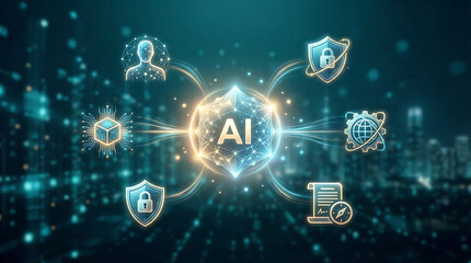 advanced artificial intelligence network interface with glowing ai core and digital icons for cybersecurity data processing machine learning and global smart technology solutions