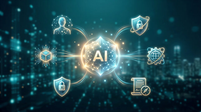 advanced artificial intelligence network interface with glowing ai core and digital icons for cybersecurity data processing machine learning and global smart technology solutions - Powered by Adobe