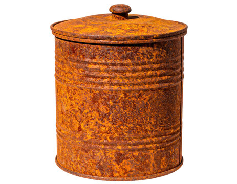 A weathered cylindrical container with a lid; heavily rusted exterior, isolated on black background