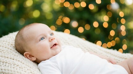 Adorable newborn baby smiling with Christmas lights bokeh background.