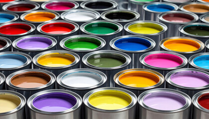 Fototapeta premium Open colorful paint cans filled with bright vibrant colors arranged background. Ideal for painting services, renovation projects, DIY concepts, color inspiration, and creative design visuals.