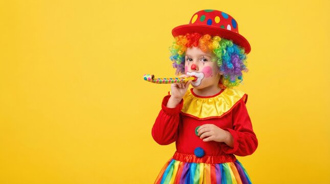 Adorable little girl in a colorful clown costume blowing a party horn on a yellow background.