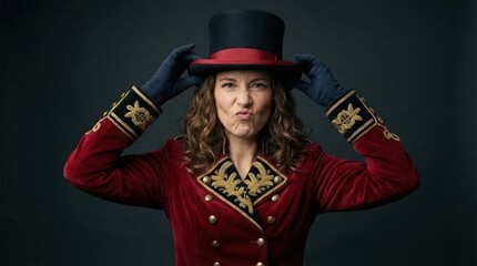 Charismatic woman in a red velvet ringmaster costume adjusting her top hat.