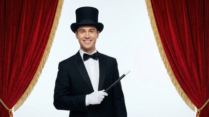 Charming Male Magician in Tuxedo and Top Hat on Stage with Red Curtains.