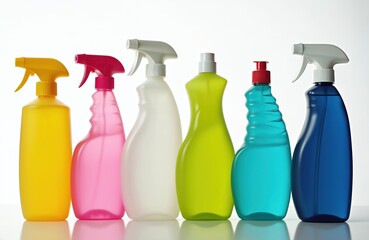 Group of colorful plastic spray bottles filled with cleaning liquids. Various containers for household chores and sanitation against a plain white background. Domestic hygiene supplies.