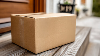 Cardboard package on a wooden doorstep, ready for delivery