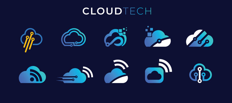 Cloud tech icons set featuring various cloud computing and technology symbols