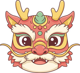 A cute cartoon illustration of a traditional Chinese dragon or lion dance head in red, yellow, and green colors, with horns and a mustache.