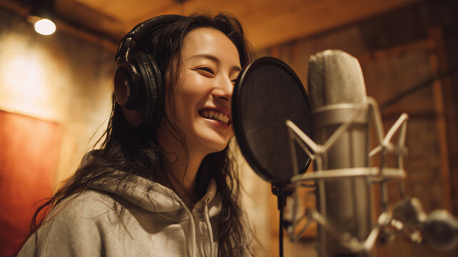 カジュアルな服装で歌う日本人女性の歌唱パフォーマンス