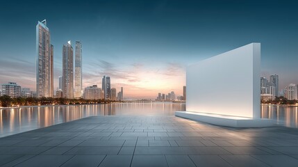 Empty white podium platform on waterfront with modern city skyline at twilight background.

