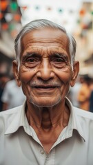 Fototapeta premium Close-up portrait of a smiling elderly man with grey hair and a mustache, wearing a light shirt, in an outdoor setting.