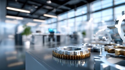 High-Quality Close-Up of Gears in Modern Office Space with Blurred Background and Bright Lighting
