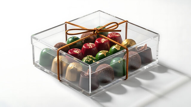 Elegant clear gift box filled with assorted colorful chocolates