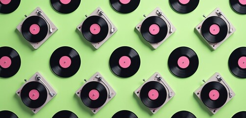 Retro record players and vinyl discs arranged in a seamless pattern on a bright green background. This design evokes a sense of vintage music nostalgia and analog sound.