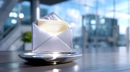Stylish envelope with documents on a reflective plate in a modern office setting, showcasing contemporary design elements