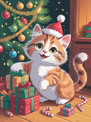 A cute fluffy white kitten wearing a red Santa hat sits beside a beautiful Christmas tree with a holiday gift, creating an adorable portrait of a young domestic feline mammal during Xmas