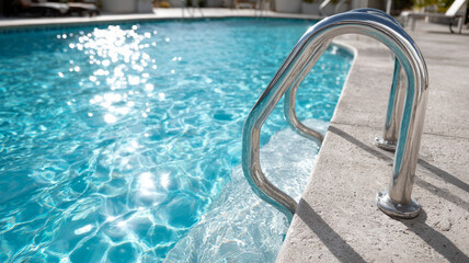 Swimming pool with ladder and sparkling clear water.