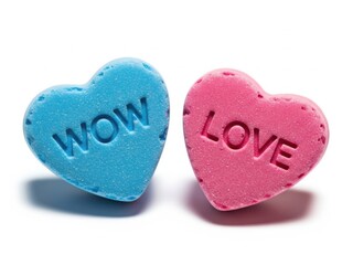 Obraz premium Two heart shaped candies with wow and love text on white background for valentines day
