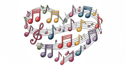 Vibrant musical notes forming a heart shape on sheet music