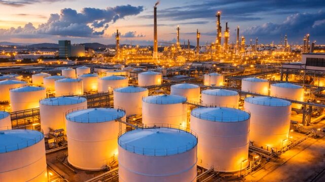 Aerial view oil terminal is industrial facility for storage tank of oil and petrochemical industry products.
