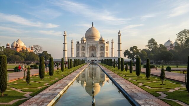 The majestic Taj Mahal, a UNESCO World Heritage site, stands as a symbol of eternal love and architectural brilliance in Agra, India.