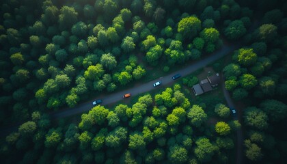 Aerial view of a narrow road winding through dense emerald forest with parked cars